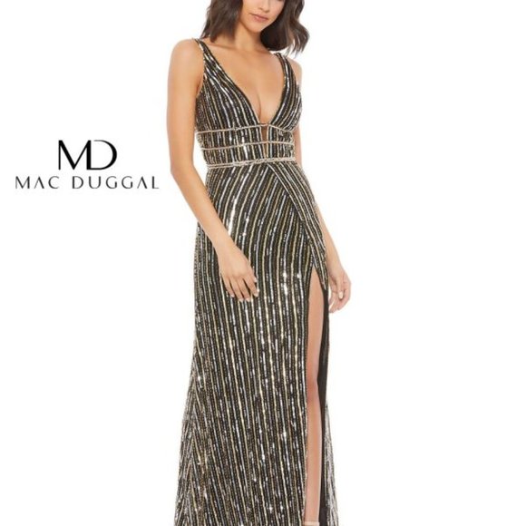 Mac Duggal Dresses & Skirts - METALLIC EMBELLISHED PLUNGE NECK OPEN BACK GOWN 5232 Size 8